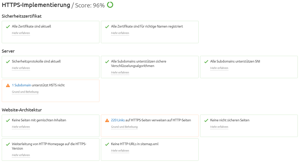 Screenshot: HTTPS-Prüfung im Semrush Site Audit