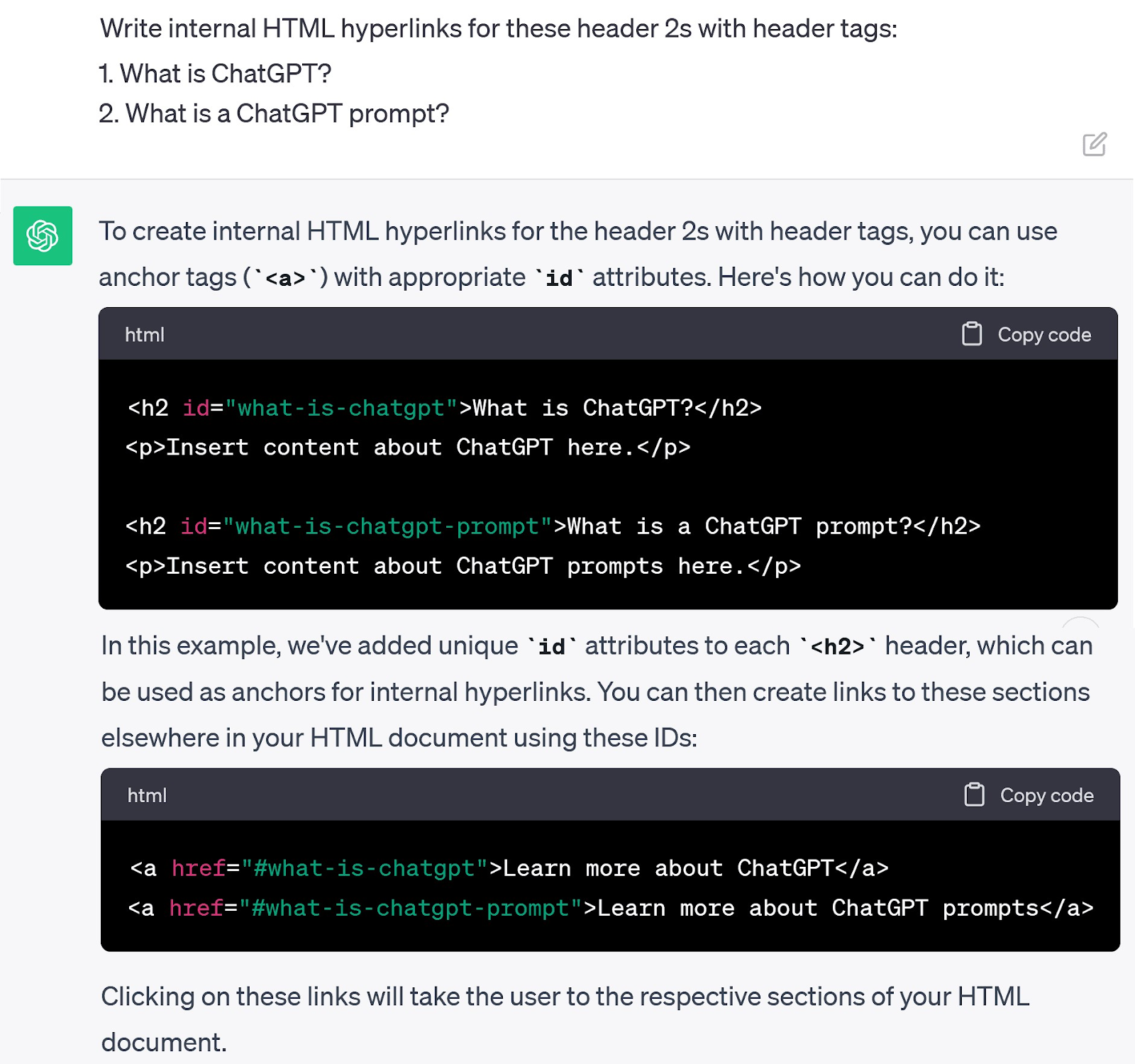 Um prompt pedindo ao ChatGPT para escrever hiperlinks HTML internos