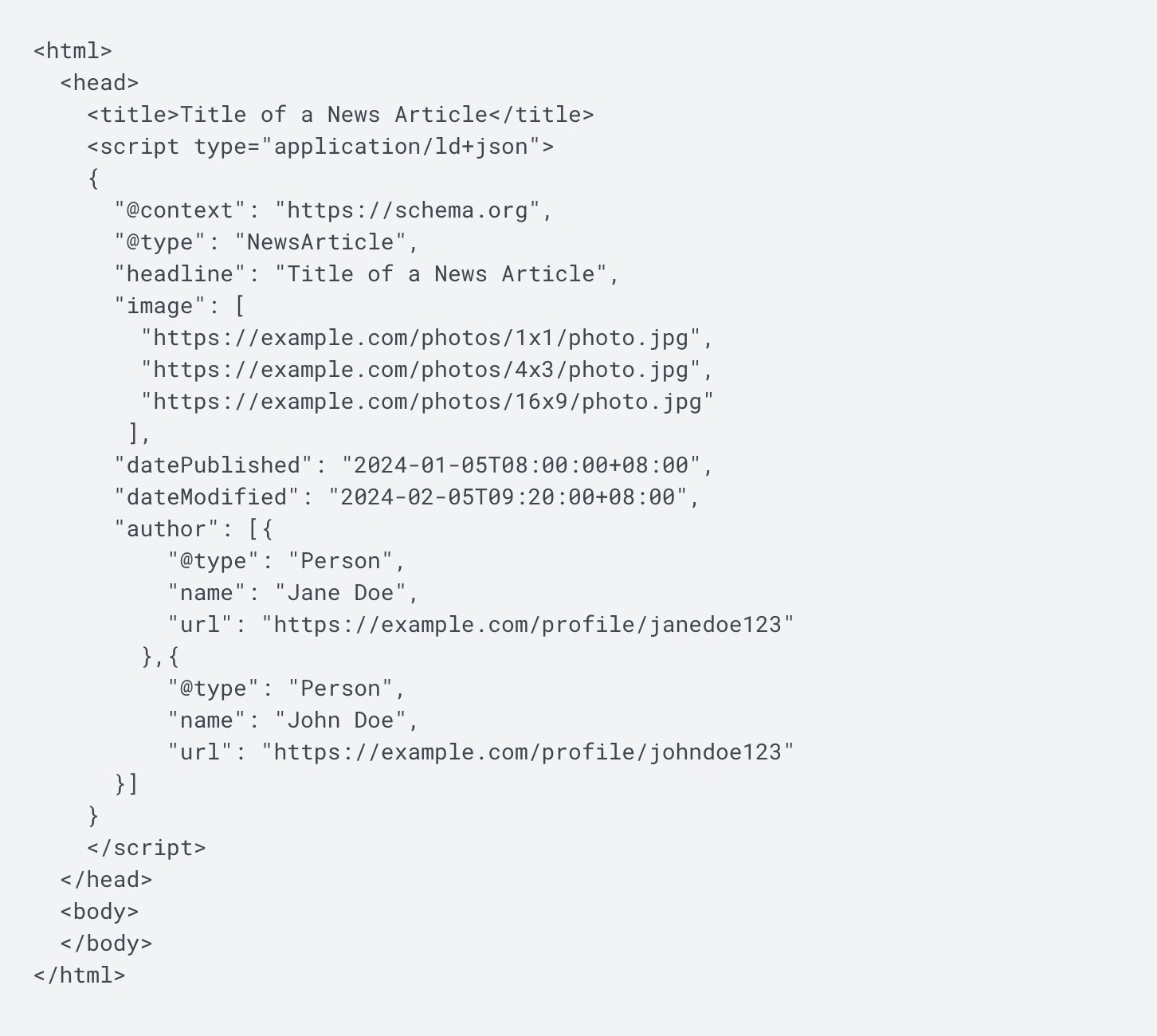 An example of structured data for a "NewsArticle" by Google.