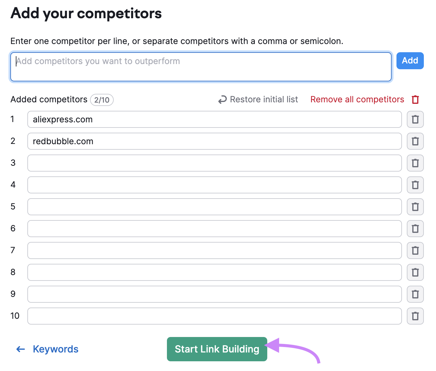 "Página de configuración "Añade tus competidores
