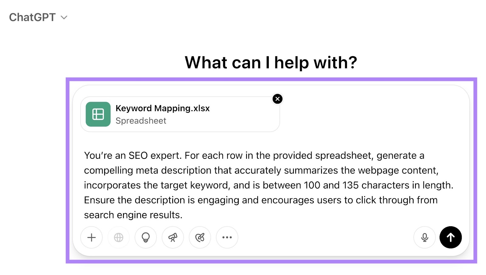 ChatGPT with a prompt entered and a spreadsheet attached to generate meta descriptions in bulk.