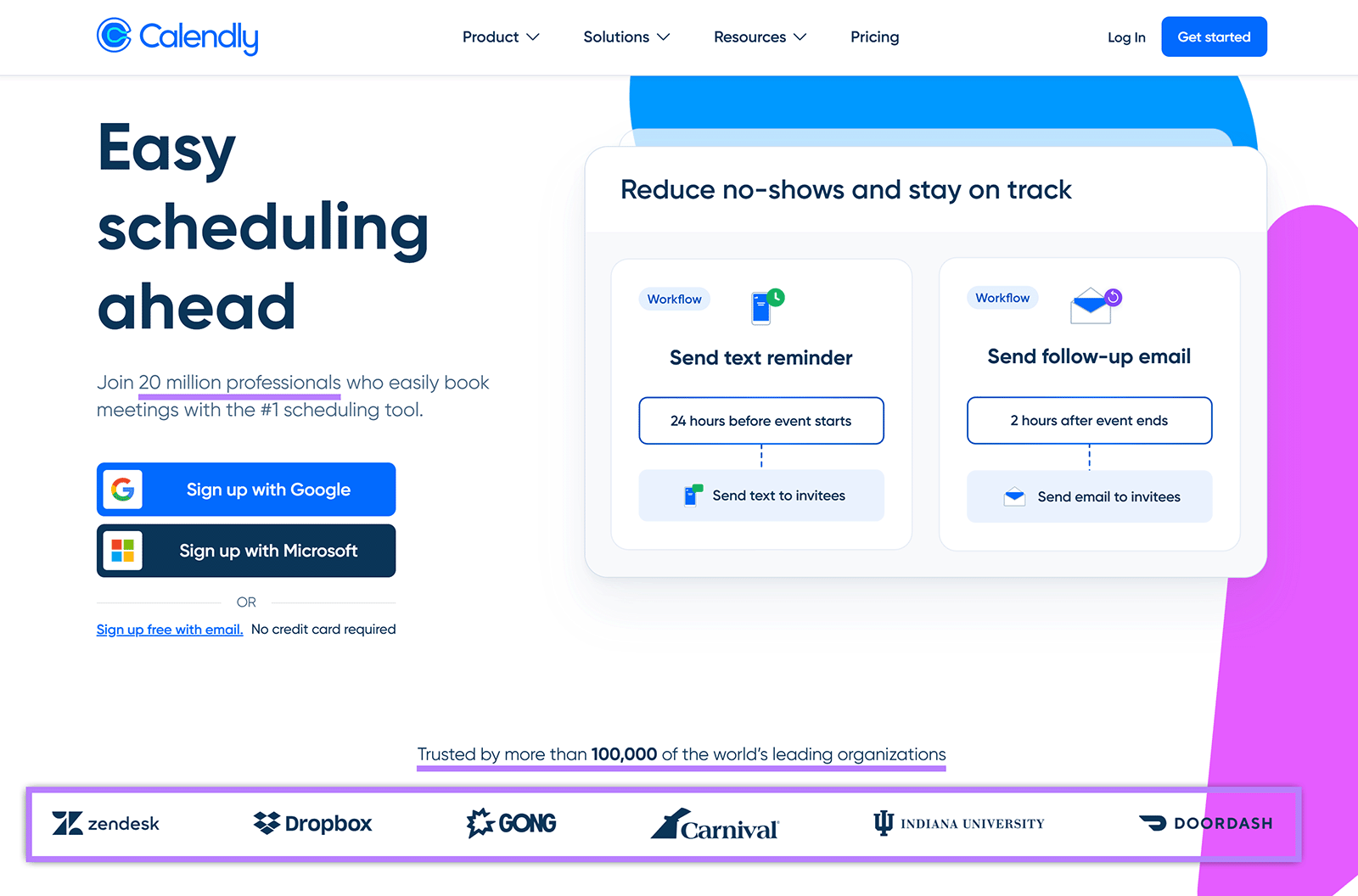 Calendly landing page showing signup options and workflow boxes for text reminders and follow-up emails