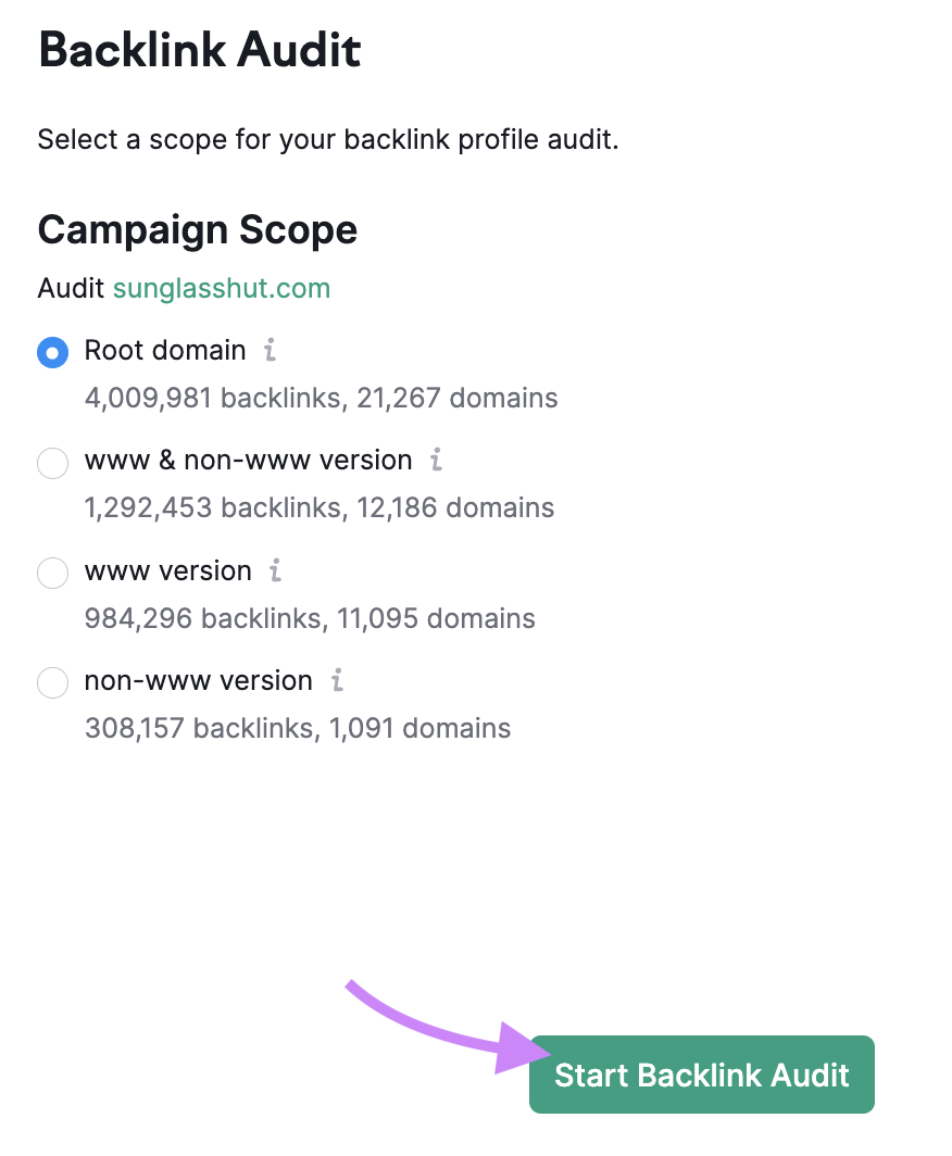 Página de configuración de la Auditoría de Backlinks