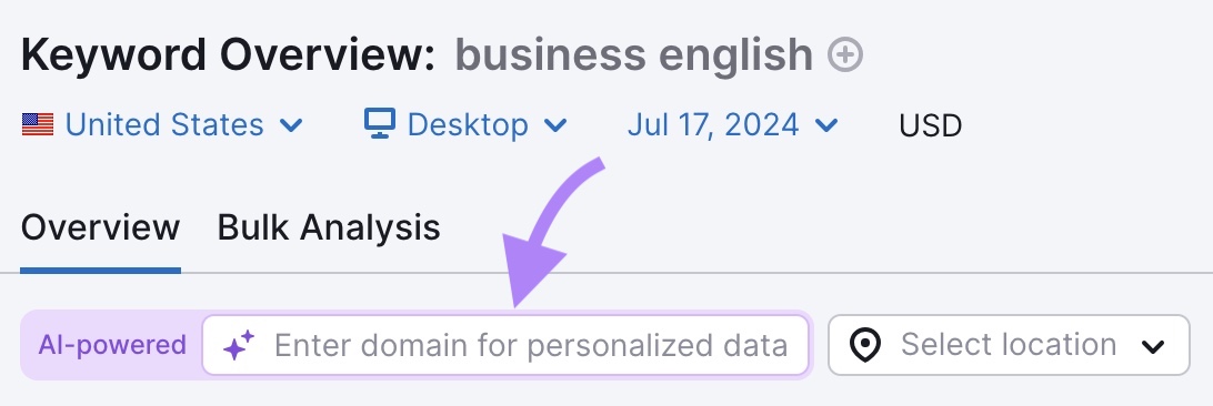 the AI-powered “Enter domain for personalized data” box on Keyword Overview highlighted